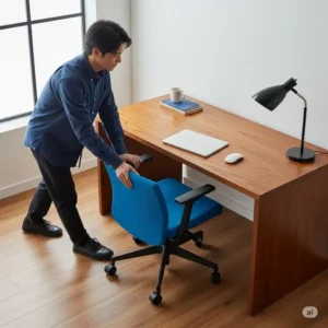 "User easily pushing an office chair flip up arms completely under a desk, maximizing office space."