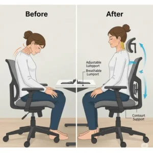 Before and after illustration showing improved posture and reduced strain when using a chiropractor recommended office chair.