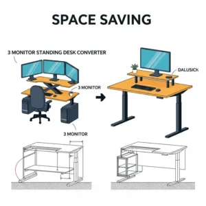 Illustration highlighting the space-saving advantage of a 3 monitor standing desk converter over a full-sized standing desk.
