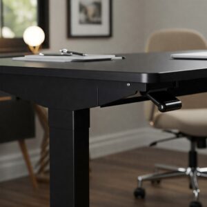 Effortlessly adjust the height of a pneumatic standing desk with a simple lever.