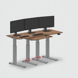 Illustration showing various height settings of an adjustable 3 monitor standing desk.