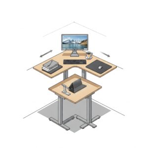 "Illustration showing the adjustable height range of a corner standing desk converter, from sitting to standing positions."