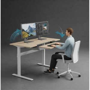 Illustration showing the height adjustability features of a dual monitor standing desk for comfortable transitions between sitting and standing.