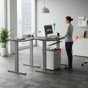 "Illustration showing the adjustable height feature of a movement desk for flexible working."