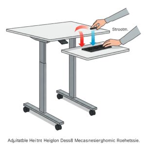 "Illustration showing the adjustable height mechanism of a rolling standing workstation for ergonomic use."