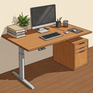 Illustration of an adjustable height wood desk with typical office accessories like a monitor and keyboard.