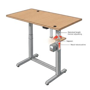Illustration outlining the key features of an adjustable height wood desk.