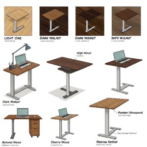  Illustration showcasing various wood finishes and styles for an adjustable height wood desk.