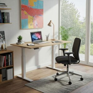Adjustable height wood desk set up in a modern home office illustration.