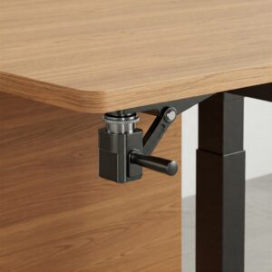 Close-up illustration of the height adjustment mechanism on an adjustable height wood desk.