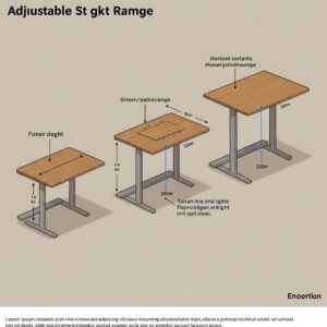 Illustration showing the range of height adjustments for an adjustable height wood desk.