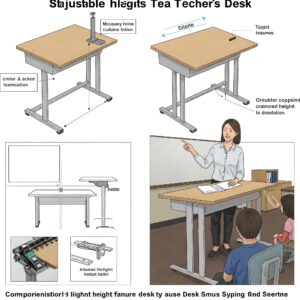 Detail illustration showing the adjustable height feature of a standing teacher desk.