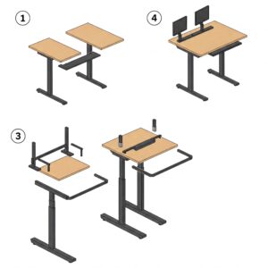 Step-by-step illustration demonstrating the assembly process of a dual monitor standing desk.