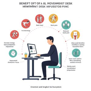 "Infographic illustrating the benefits of a movement desk, such as increased energy and reduced discomfort."