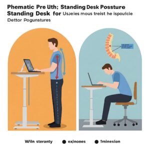 Illustration highlighting the health benefits of using a pneumatic standing desk for better posture.