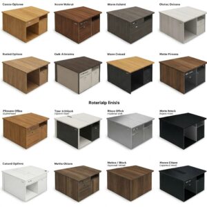 "Different material choices available for branch desks, including wood and metal finishes."