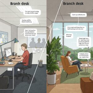 "Comparison illustration highlighting the benefits of branch desks over a traditional office desk."