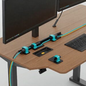 Close-up illustration of cable management features on a 3 monitor standing desk surface.