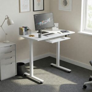 "Illustration demonstrating how a compact rolling standing workstation fits effectively in a small office or home."