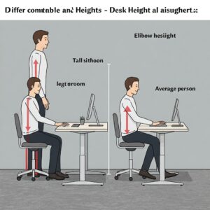 "A comparative illustration showing the difference in comfortable desk for tall person heights versus an average-height person."