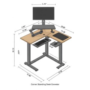  "Technical illustration providing the dimensions and size specifications of a corner standing desk converter."