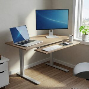 "Illustration showcasing a corner standing desk converter holding a laptop, external monitor, and keyboard."