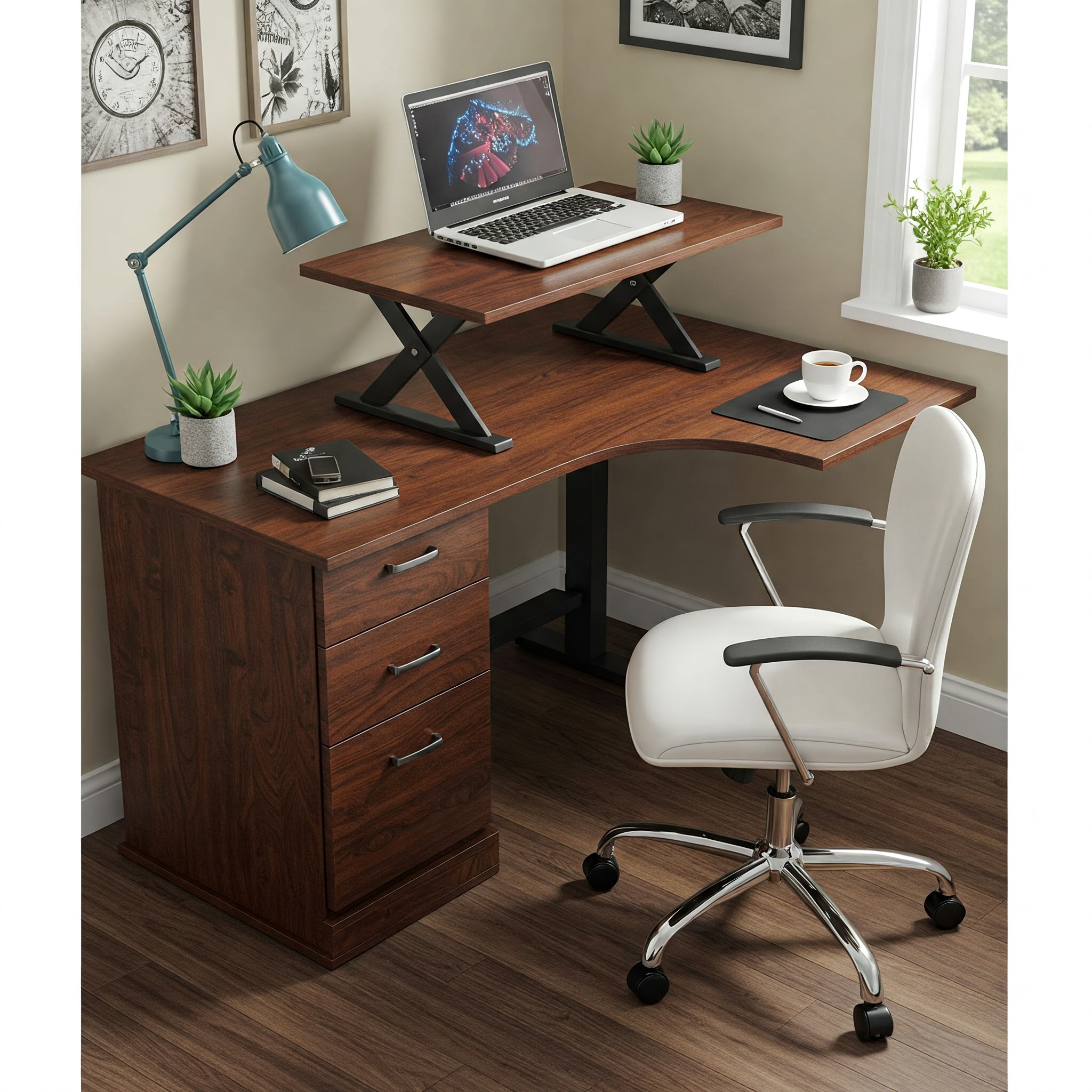 "A corner standing desk converter elevates a laptop on a desk, providing an ergonomic workspace in a home office corner."