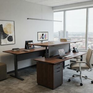 U Shaped Standing Desk fitting perfectly into a corner office space, maximizing productivity.