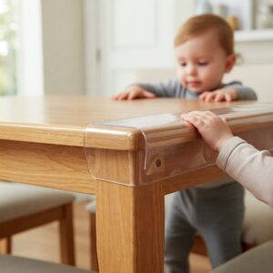 "Desk edge protector in use in a home environment, baby-proofing sharp furniture corners."