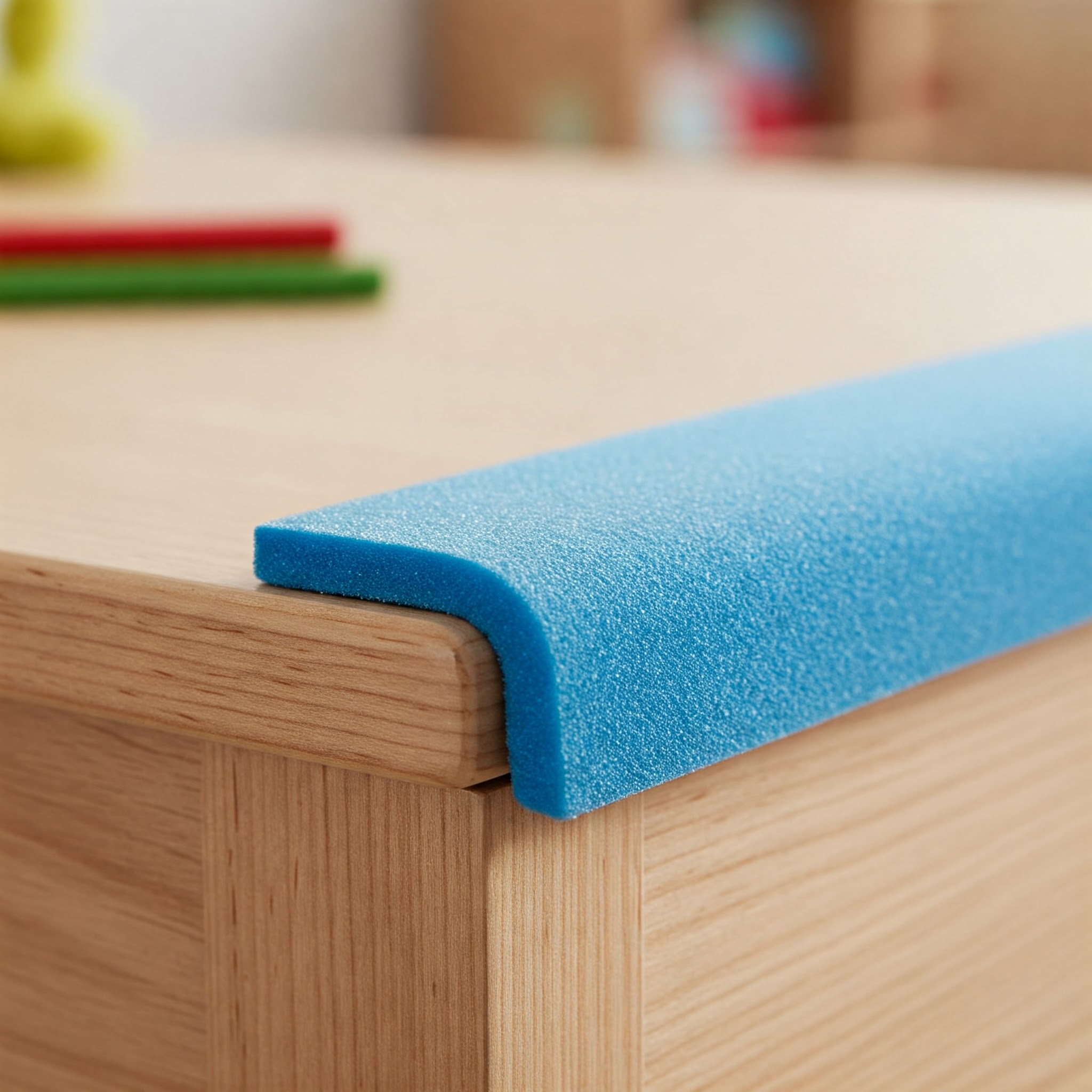 "Close-up of a soft desk edge protector installed on a wooden desk, enhancing child safety."