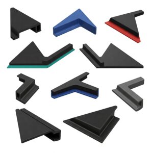 "Different shapes and profiles of desk edge protector for various desk corner styles."