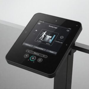 Digital interface of a standing desk controller displaying height settings.
