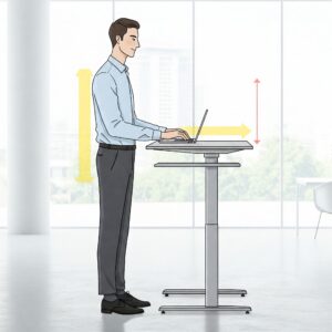 "Illustration showing the adjustable height feature of a desk for tall person, ideal for their ergonomic needs."