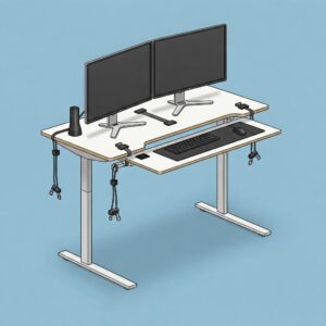 Illustration of a clean dual monitor standing desk featuring effective cable management to minimize clutter.