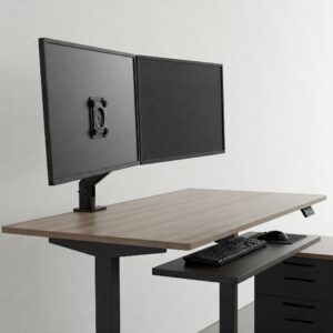 Close-up illustration highlighting the desktop material and monitor mounting options available on a dual monitor standing desk.