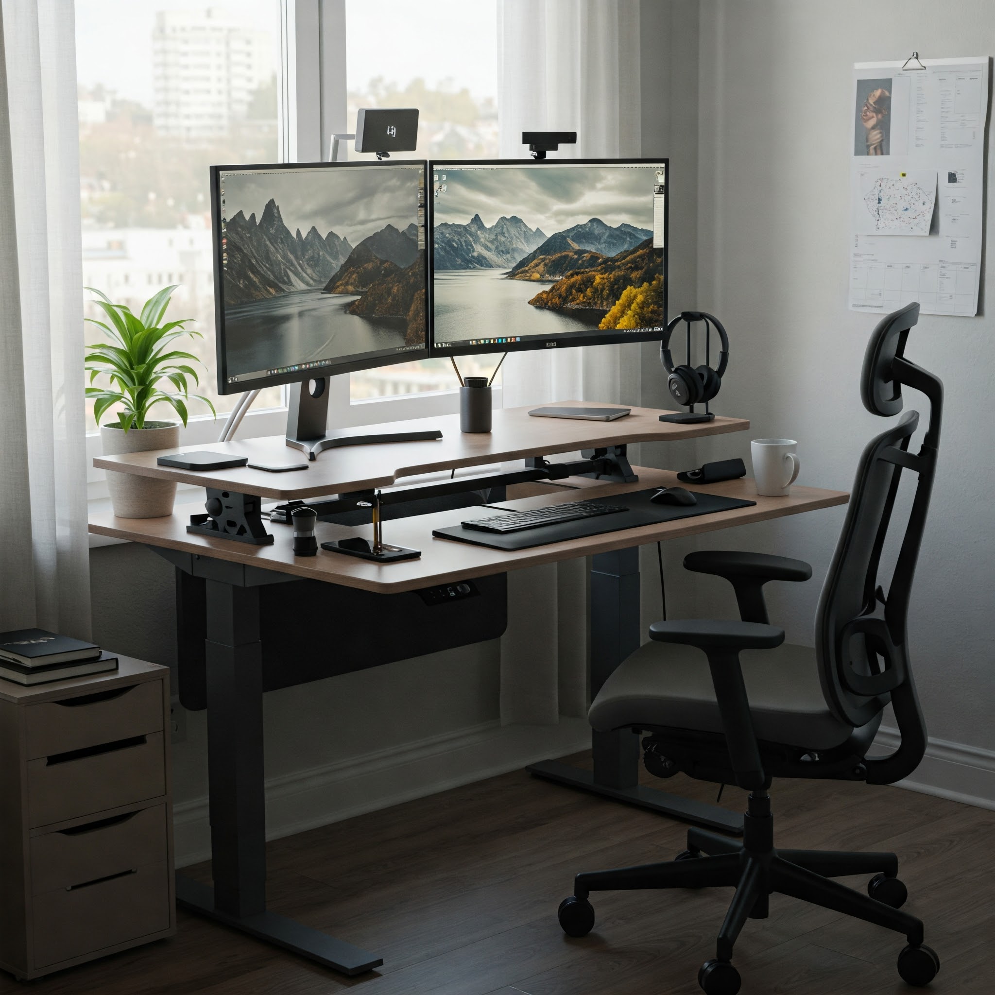 A modern dual monitor standing desk setup with ergonomic accessories, promoting a healthy and productive workspace.