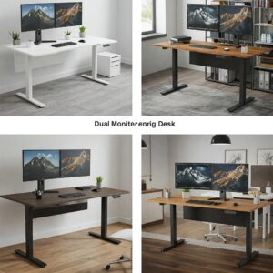 Various styles of dual monitor standing desk, including L-shaped and corner designs, for different workspace needs.