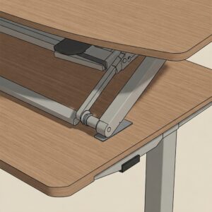 "Close-up illustration highlighting the sturdy construction and materials of a corner standing desk converter."
