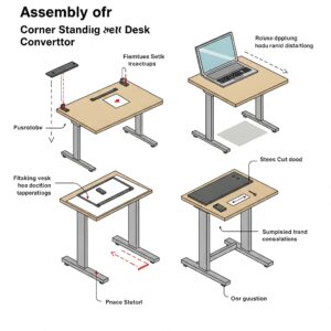 "Illustration depicting the simple assembly or setup process of a corner standing desk converter."