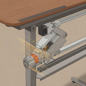 Close-up illustration of the electric motor and lifting mechanism in a sit stand desk frame, highlighting its smooth operation.