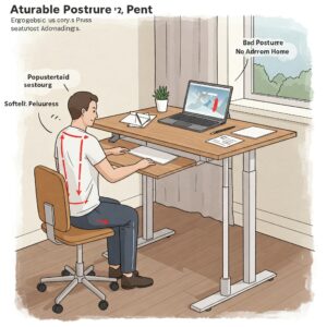 Illustration highlighting the ergonomic posture benefits of an adjustable height wood desk for work.