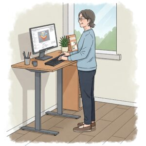  "A person comfortably using a corner standing desk converter with a monitor and keyboard, demonstrating an ergonomic setup."