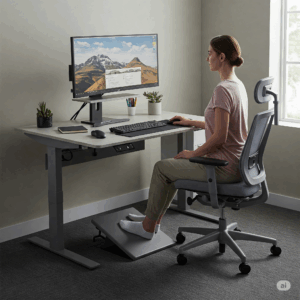 "An ergonomic desk for tall person setup suitable for a tall individual, featuring monitor height, keyboard placement, and chair."