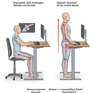 Diagram illustrating the ergonomic advantages of a dual monitor standing desk, highlighting posture and reduced strain.