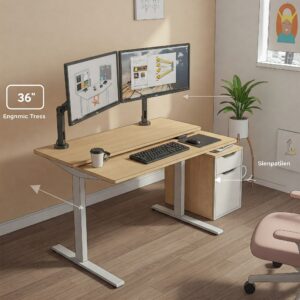 36 standing desk ergonomic features illustration, such as monitor arm compatibility and keyboard tray.
