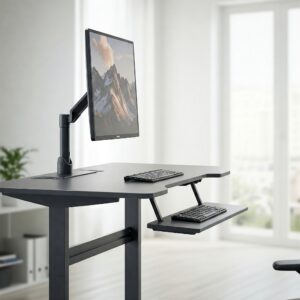 Ergonomic workspace featuring a pneumatic standing desk in the raised position with monitor arm and keyboard tray.