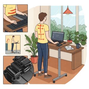 "Illustration depicting the ergonomic benefits of using a rolling standing workstation for posture and comfort."