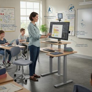 Illustration highlighting the ergonomic advantages of a standing teacher desk for teachers.