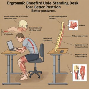 Diagram illustrating the ergonomic benefits of using wood standing desks for better posture.