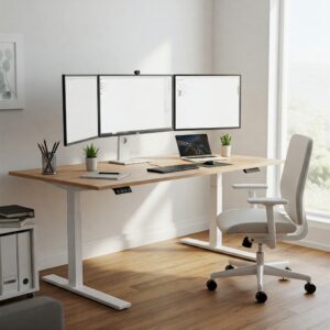 A 3 monitor standing desk integrated into a modern home office setup.